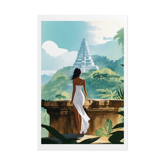 Dreamscape Woman at the Ancient Steps Watercolor Poster, Woman in White Dress Jungle Wall Art