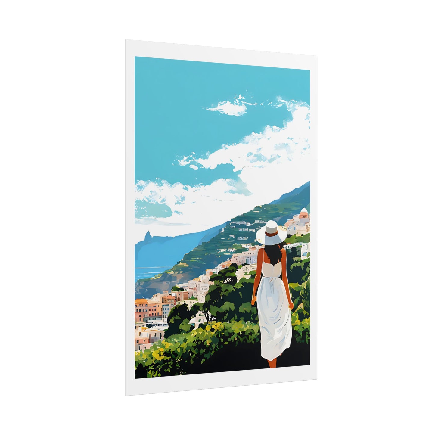"Amalfi Vista" Watercolor Wall Art Print - Woman in White Gazing Over Coastal Villages - Italian Riviera Panorama Poster