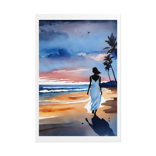 "Dusk Along the Shore" Watercolor Wall Art Print - Woman Walking a Tropical Beach at Twilight - Evening Tides Poster