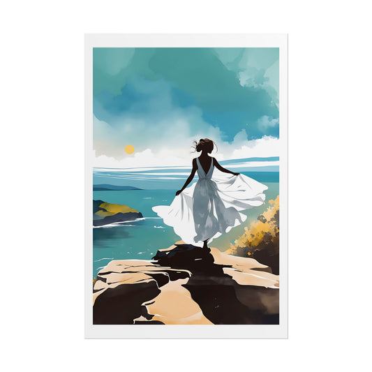 “Held by the Horizon” Watercolor Wall Art Print - Woman in White Above the Sea - Coastal Sunrise Poster