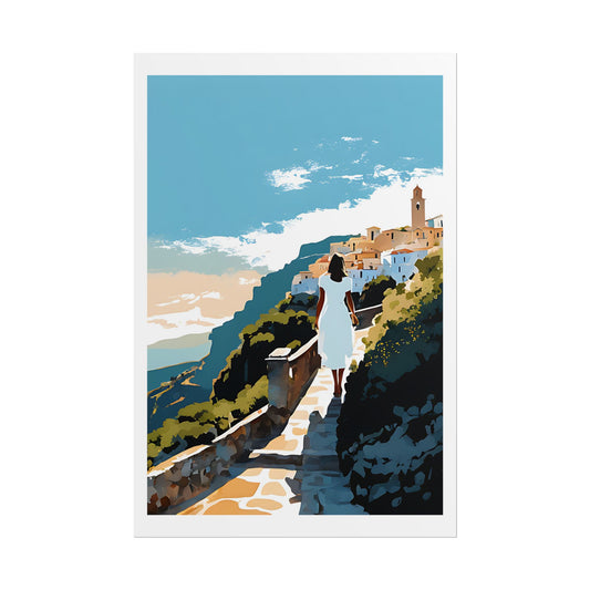 "Cliffside Journey" Watercolor Wall Art Print - Woman in White Walking Mediterranean Coastal Path - Italian Riviera Village Poster