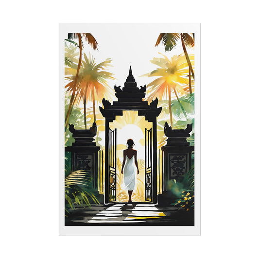 "Radiance of the Temple" Watercolor Wall Art Print - Woman Before a Glowing Balinese Gate - Divine Light Poster