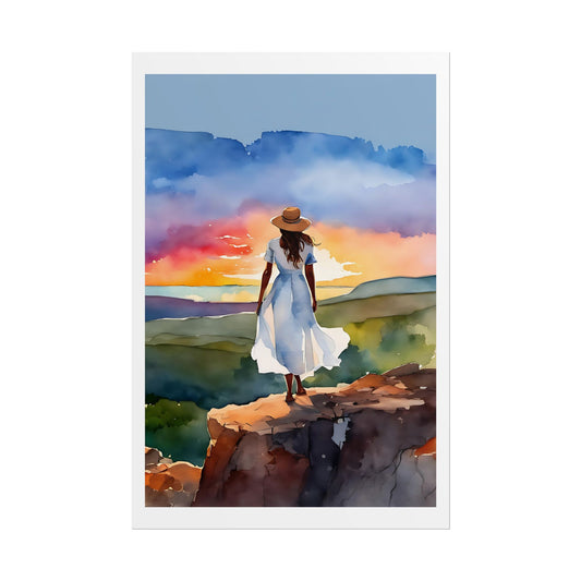 "Countryside Dreams" Watercolor Wall Art Print - Woman Overlooking Rolling Hills at Sunset - Pastoral Wanderer Poster