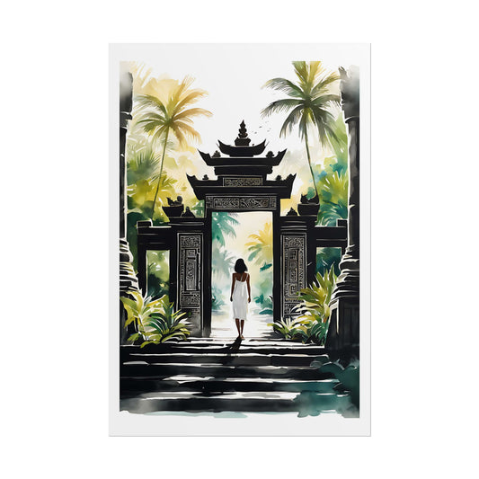 "Steps to Serenity" Watercolor Wall Art Print - Woman Ascending an Ancient Balinese Temple Gate - Jungle Sanctuary Poster