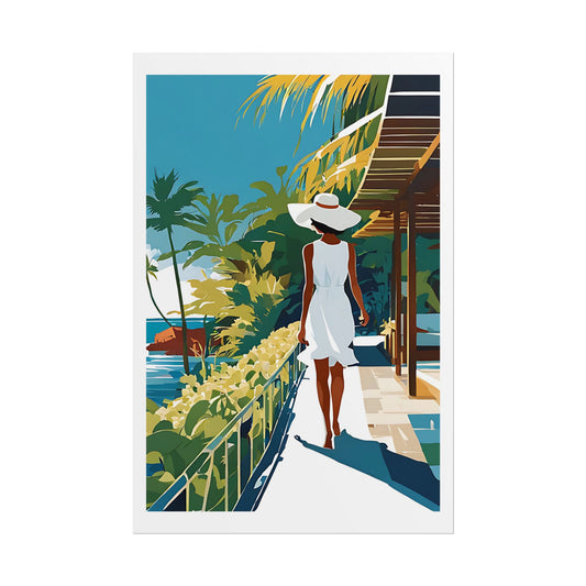 "Island Resort" Watercolor Wall Art Print - Woman in White at Balinese Ocean Villa - Tropical Escape Poster