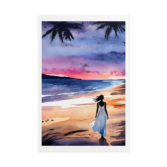 “Whispers of the Horizon” Watercolor Wall Art Print - Woman in White by the Shore - Beach Sunset Poster