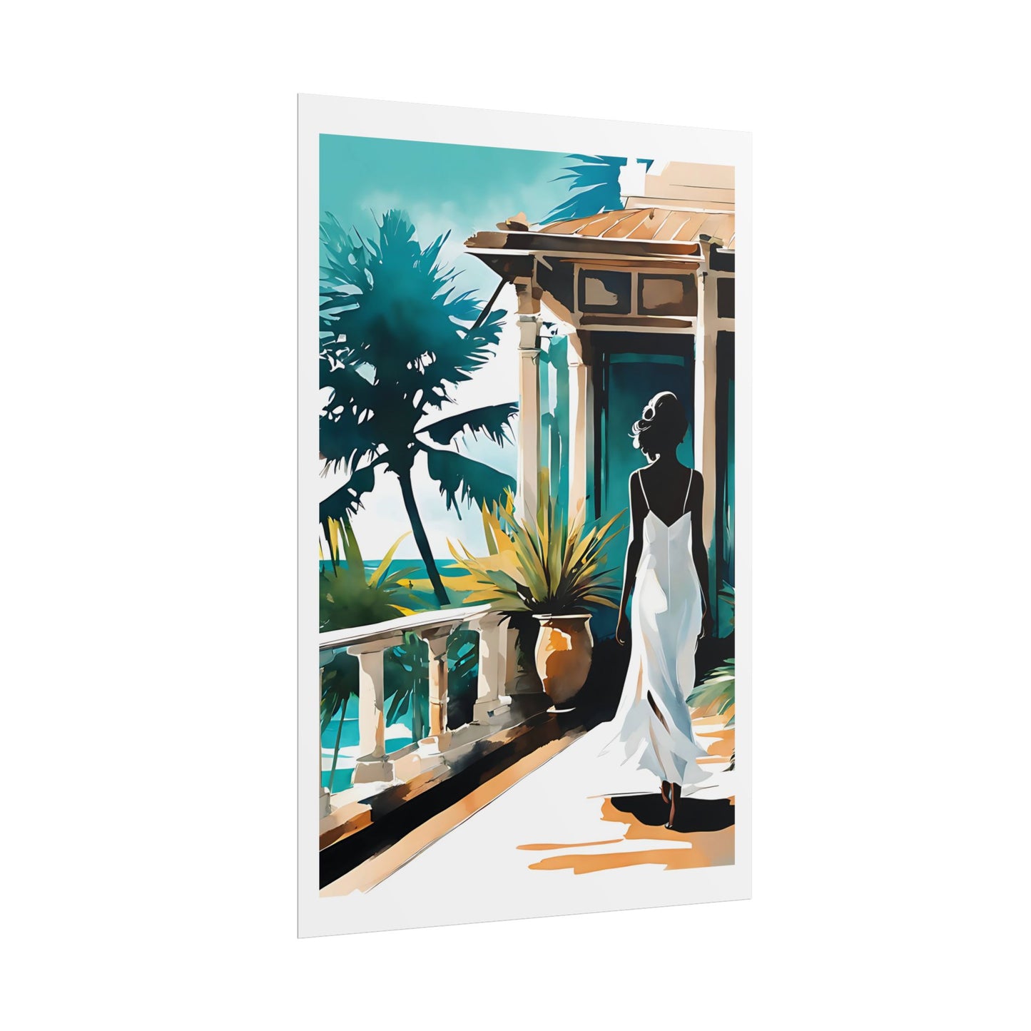 "Coastal Villa" Watercolor Wall Art Print - Woman in White at Elegant Seaside Terrace - Mediterranean Paradise Poster