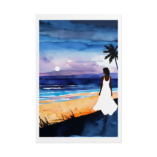 “Sunset Desire” Watercolor Wall Art - Woman in White Dress Seaside Print - Beach Sunset Poster