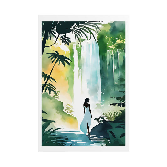 "Jungle Waterfall" Watercolor Wall Art Print - Woman in White at Rainforest Cascade - Tropical Wonder Poster