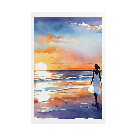 "Dusk on the Shore" Watercolor Wall Art Print - Woman in White at Beach Sunset - Ocean Twilight Poster