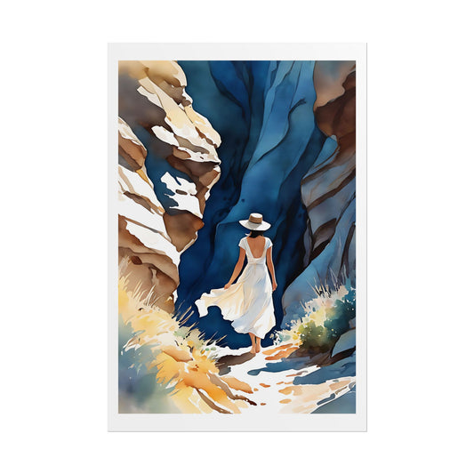 "Desert Discovery" Watercolor Wall Art Print - Woman in White Exploring a Desert Canyon - Southwest Adventure Poster