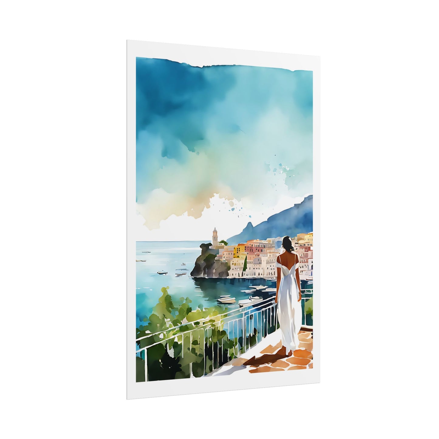 "Amalfi Dreams" Watercolor Wall Art Print - Woman in White Gazing at Mediterranean Coast - Italian Seaside Poster