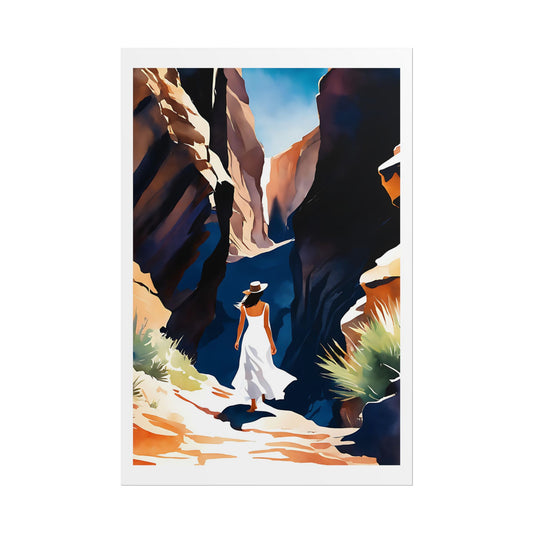 "Desert Passage" Watercolor Wall Art Print - Woman in White Exploring a Slot Canyon - Southwest Adventure Poster