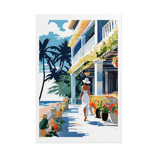 "Beachfront Promenade" Watercolor Wall Art Print - Woman in White at Coastal Village Walk - Tropical Seaside Poster