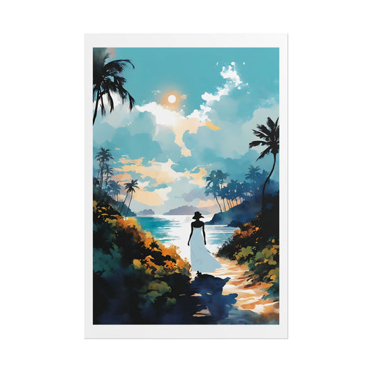 “Path to the Sea” Watercolor Wall Art Print - Woman in White by the Sea - Beachside Poster
