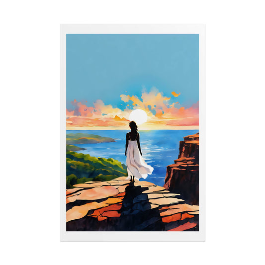 “Where the World Opens” Watercolor Wall Art Print - Woman in White Above the Sea - Coastal Sunset Poster