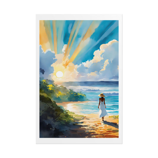 “Chasing the Light” Watercolor Wall Art Print - Woman in White by the Sea - Beach Sunrise Poster