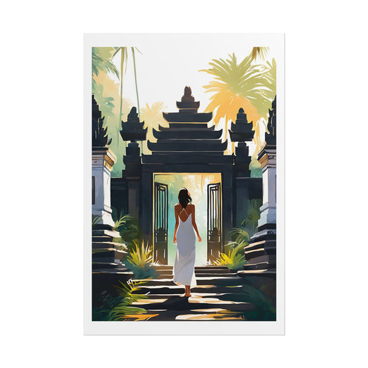"Light Beyond the Gate" Watercolor Wall Art Print - Woman at an Ornate Balinese Temple Entrance - Sacred Morning Poster