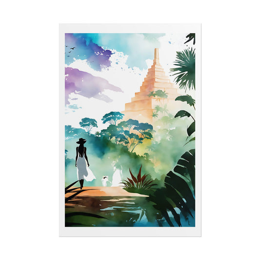 "Companions in the Mist" Watercolor Wall Art Print - Woman and Dog Discovering a Jungle Temple - Faithful Explorer Poster