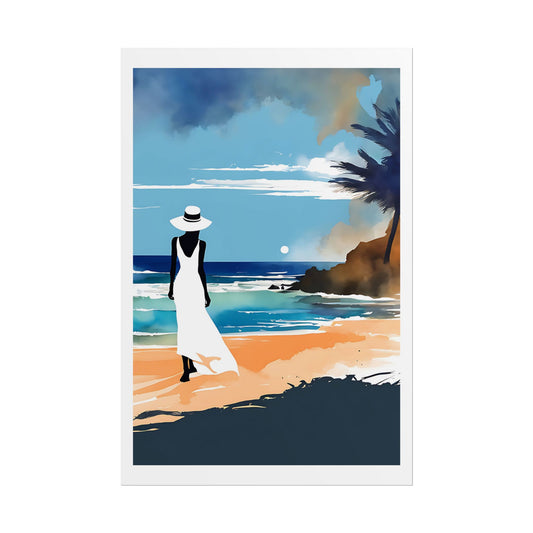 “Golden Horizon” Watercolor Wallart - Woman in White Dress Seaside Print