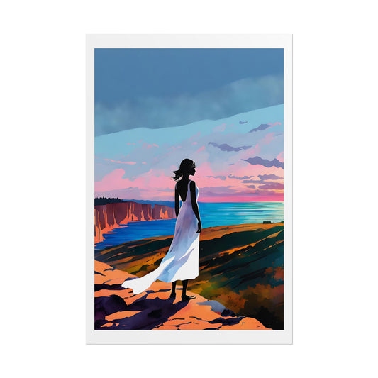 "Where the Sun Meets the Sea" Watercolor Wall Art Print - Woman Watching Sunset from Coastal Cliffs - Golden Hour Wanderer Poster