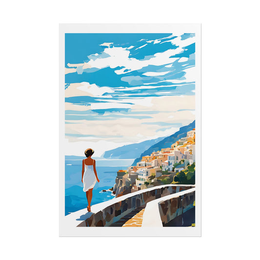 "Coastal Reverie" Watercolor Wall Art Print - Woman in White on Mediterranean Promenade - Italian Hillside Village Poster