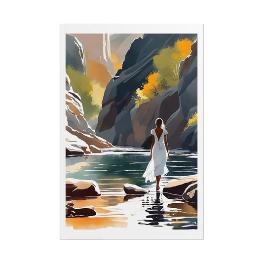"Mountain Stream" Watercolor Wall Art Print - Woman in White Wading Through a Canyon Pool - Autumn Gorge Poster