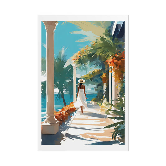 "Villa by the Sea" Watercolor Wall Art Print - Woman in White Walking Tropical Colonnade - Mediterranean Paradise Poster