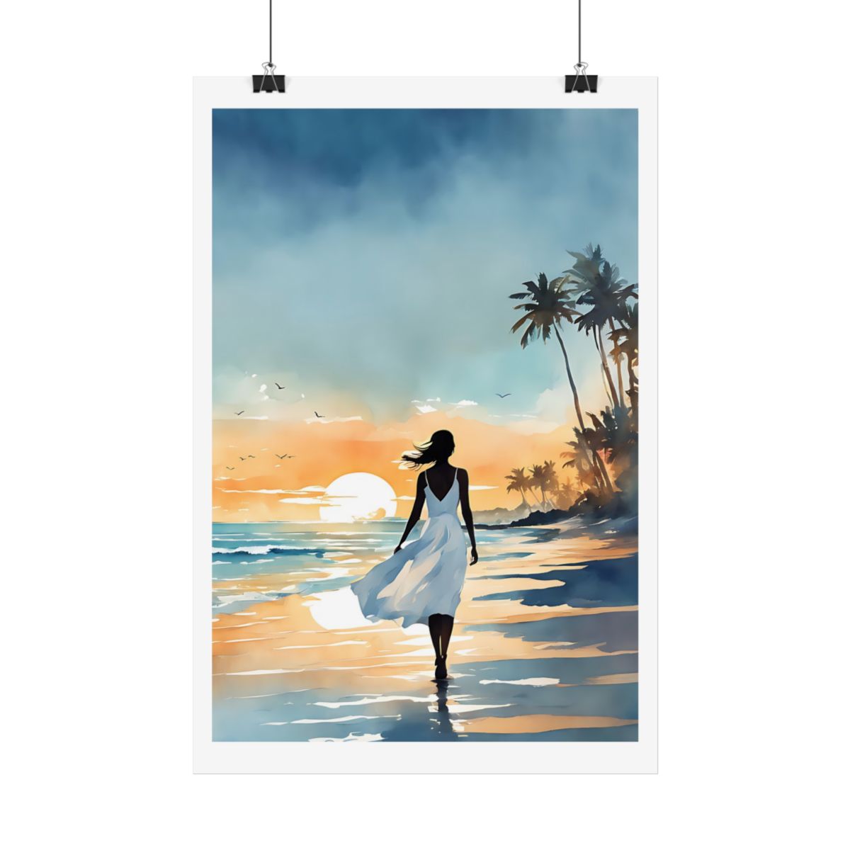 Amber Shores Tropical Sunset poster – hanging example watercolor wall art print