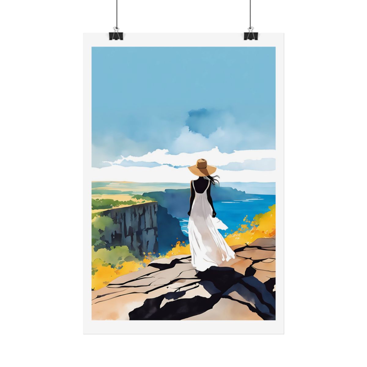 Autumn by the Sea Golden Cliff poster – hanging example watercolor wall art print