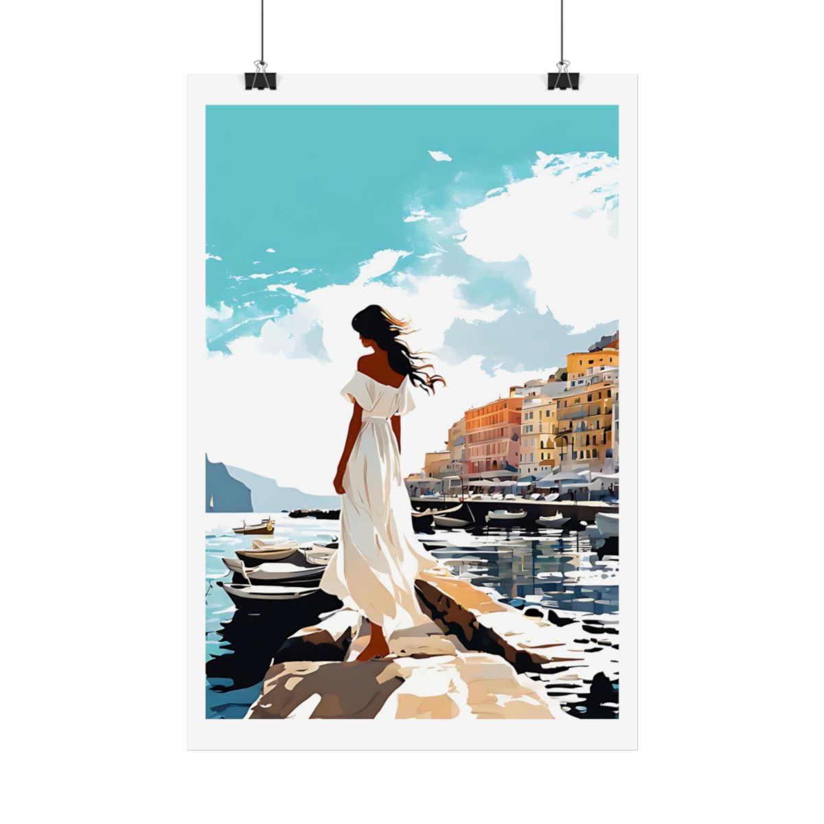 Capri Harbour Dreams Italian harbour poster – hanging example watercolor wall art print