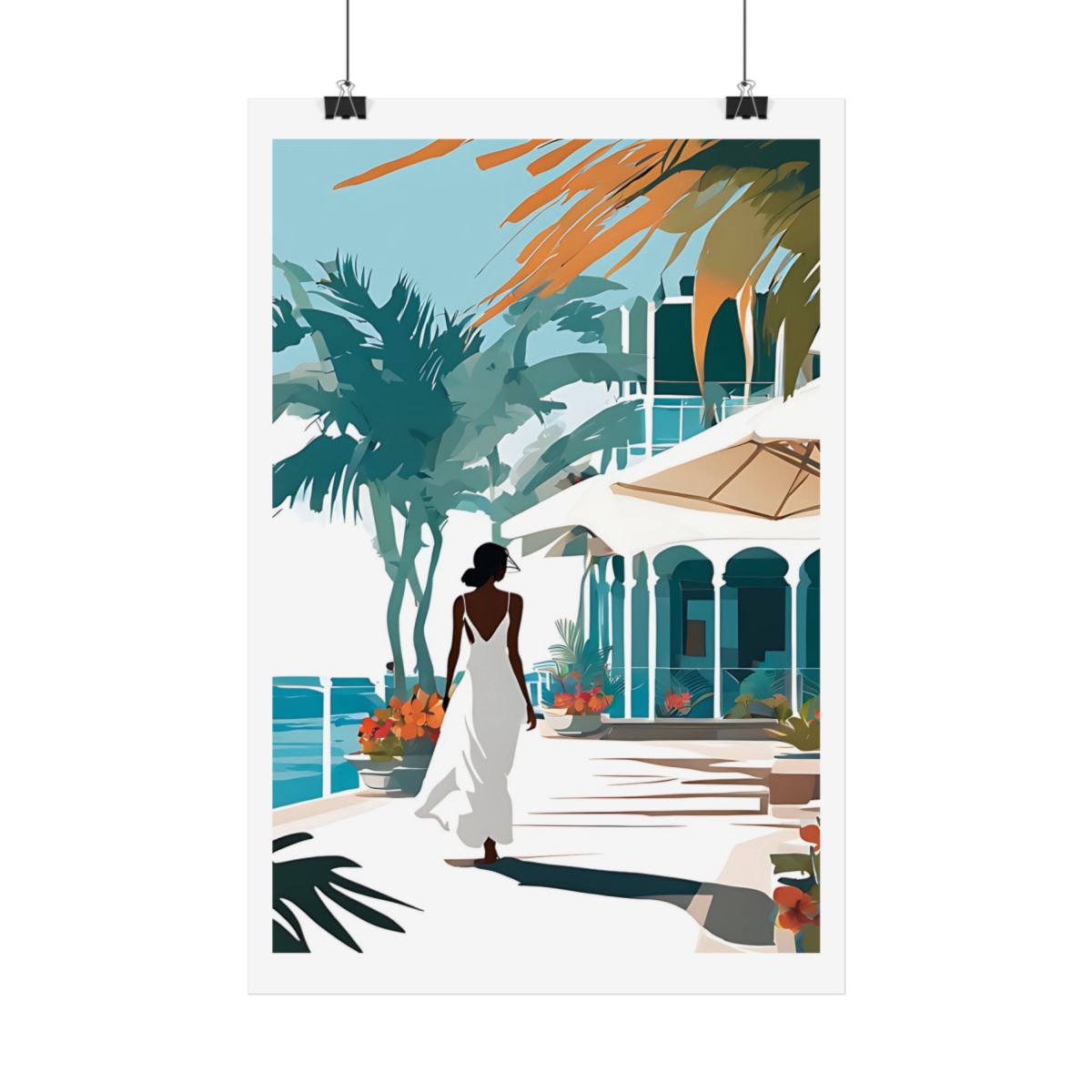 Caribbean Morning tropical paradise poster – hanging example watercolor wall art print
