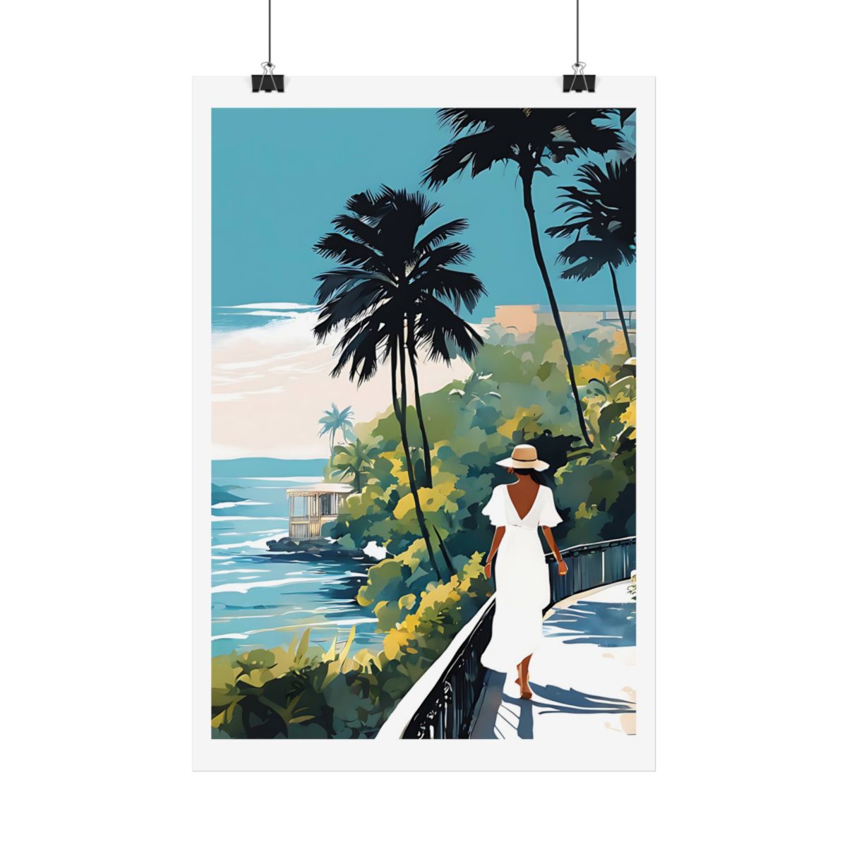 Coastal Promenade tropical resort poster – hanging example watercolor wall art print