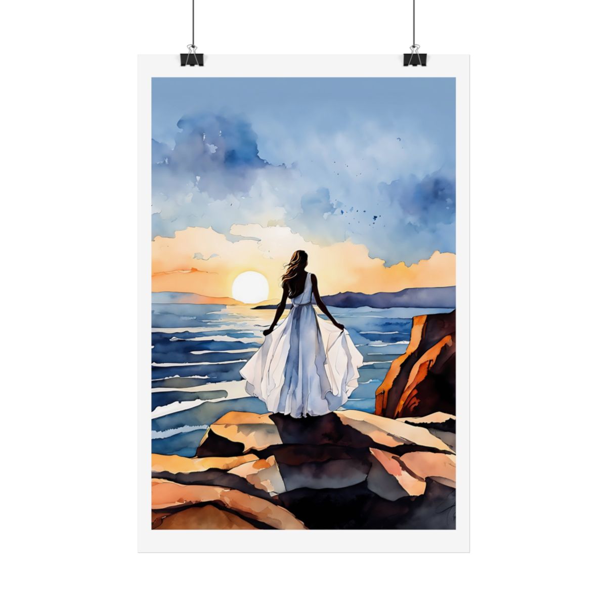 Edge of Stillness Ocean Cliff poster – hanging example watercolor wall art print