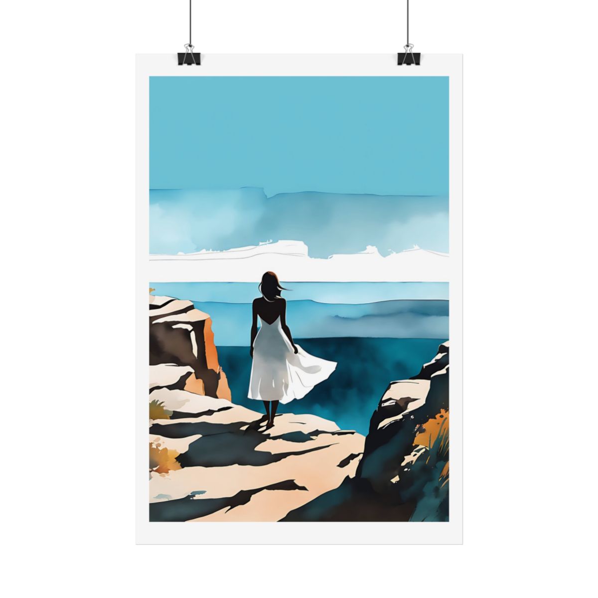 Endless Blue Horizons mountain valley poster – hanging example watercolor wall art print