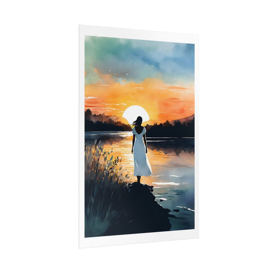 Evening Calm lake sunset poster – side angle example watercolor wall art print