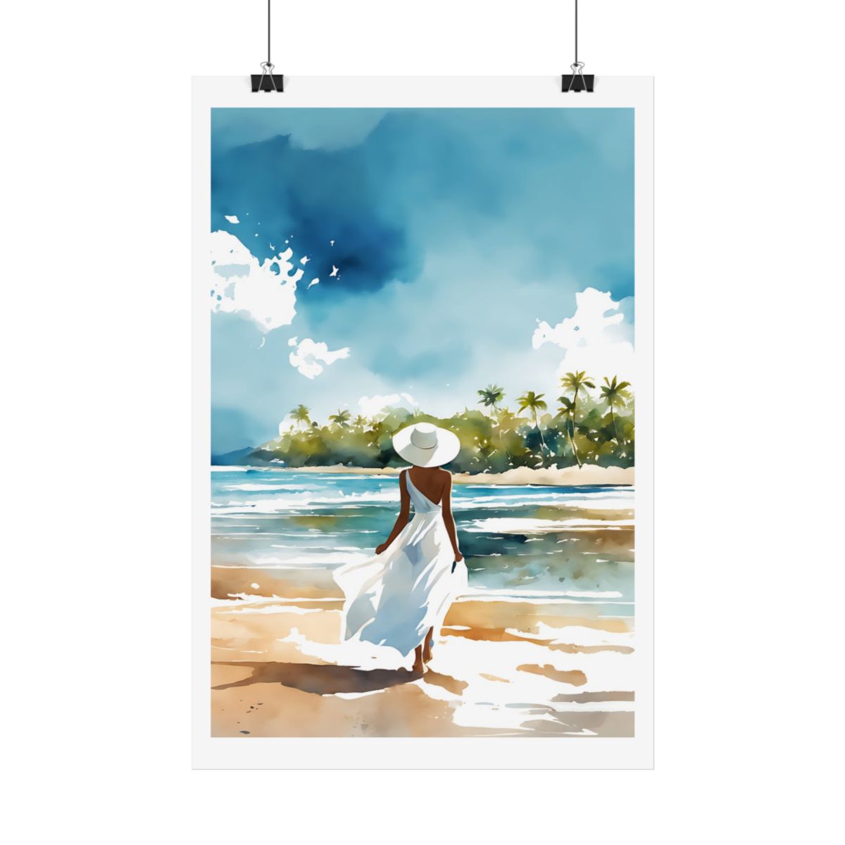 Island Reverie tropical beach poster – hanging example watercolor wall art print