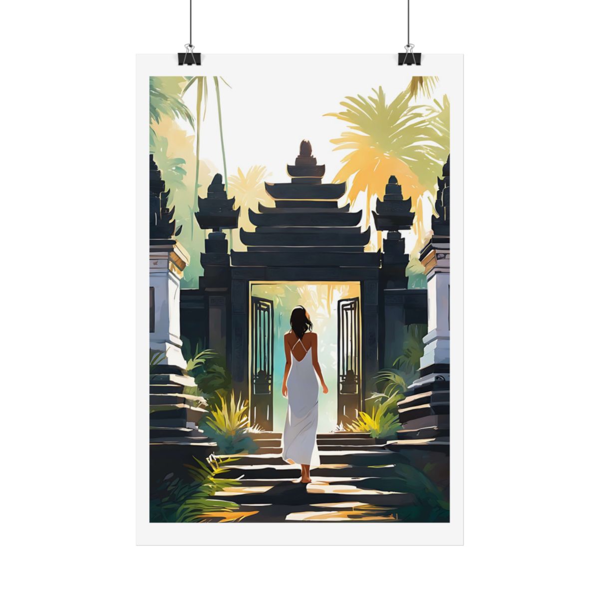 Light Beyond the Gate Balinese gate poster – hanging example watercolor wall art print