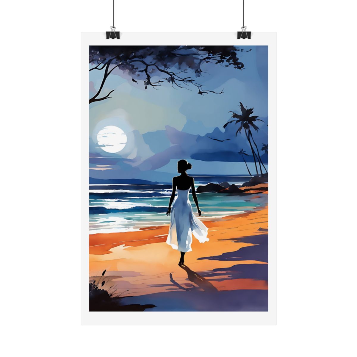 Moonlight Wanderer seaside moonlight poster – hanging example watercolor wall art print