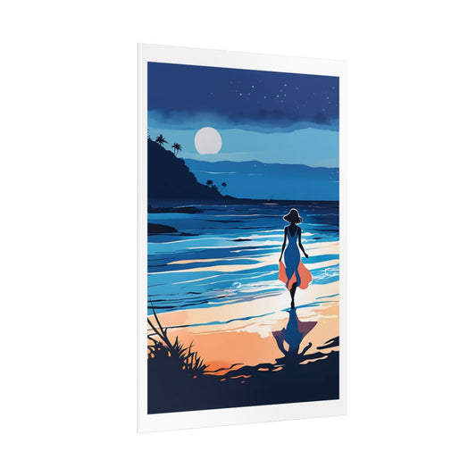 Moonlit Shores tropical moon beach poster – side angle example watercolor wall art print
