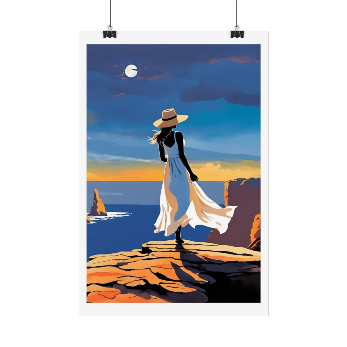 Moonrise on the Cliffs twilight cliffs poster – hanging example watercolor wall art print