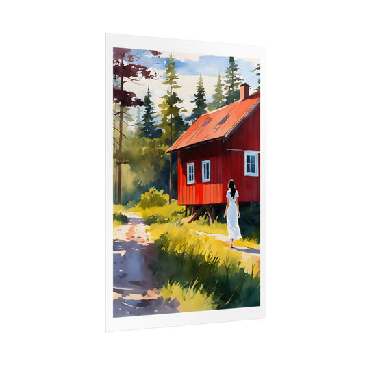 Nordic Summer Cottage Swedish cabin poster – side angle example watercolor wall art print