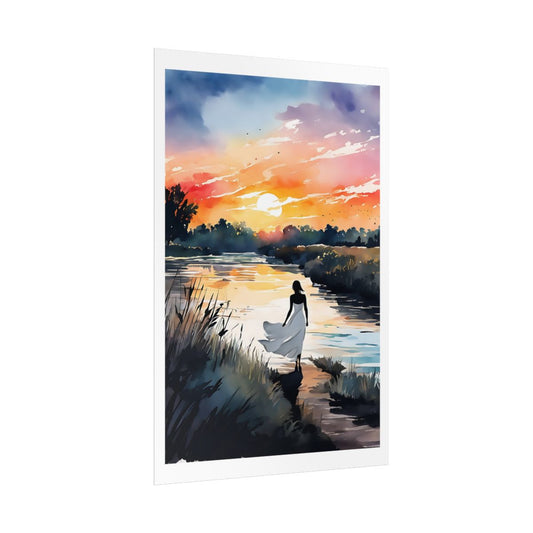 River Sunset twilight marsh poster – side angle example watercolor wall art print