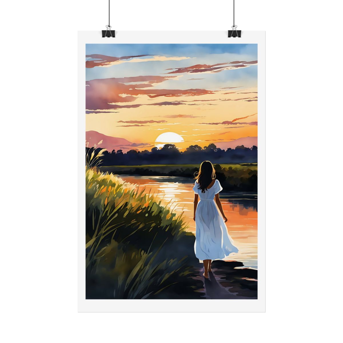 Riverside Sunset golden hour poster – hanging example watercolor wall art print
