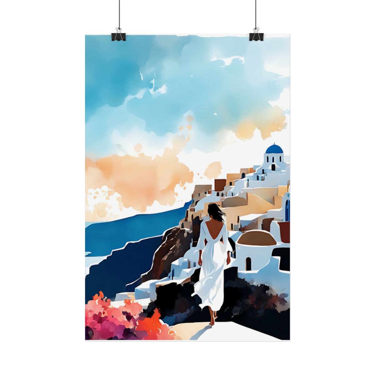 Santorini Sunset Stroll Mediterranean Sea poster – hanging example watercolor wall art print