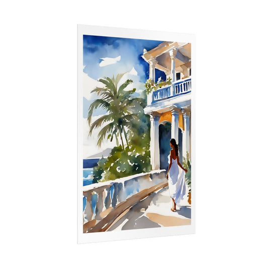 Seaside Villa coastal home poster – side angle example watercolor wall art print