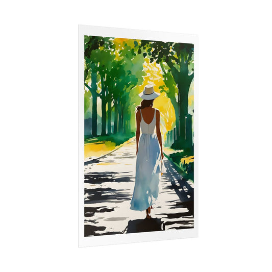 Summer Stroll sunlit park path poster – side angle example watercolor wall art print