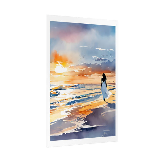 Sunset Reflections golden hour beach poster – side angle example watercolor wall art print