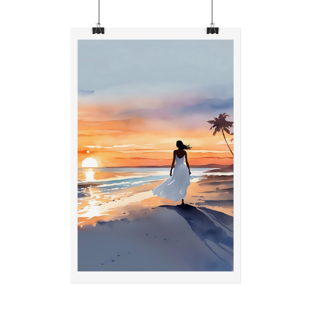Sunset Silhouette palm beach poster – hanging example watercolor wall art print