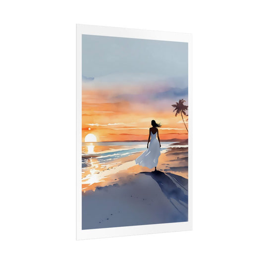 Sunset Silhouette palm beach poster – side angle example watercolor wall art print